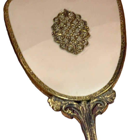 Vintage Antiqued Ormolu Brass heavy ornate metal Vanity set mirror brush - Picture 4 of 11